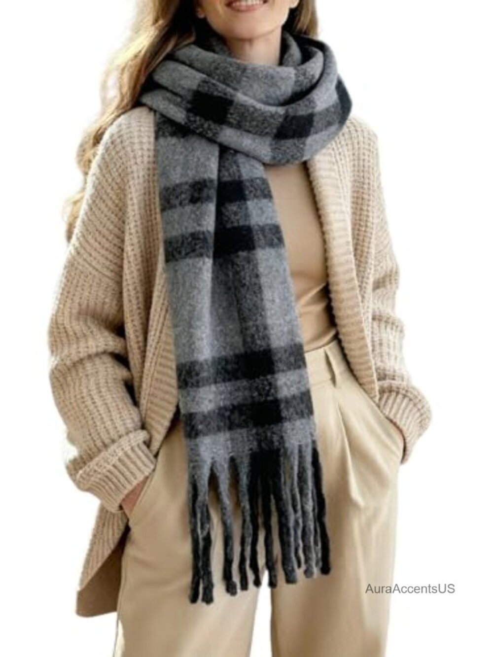 Women Oversized Plaid Blanket Scarf 95 inch Chunky Knit Shawl Wrap Tassel